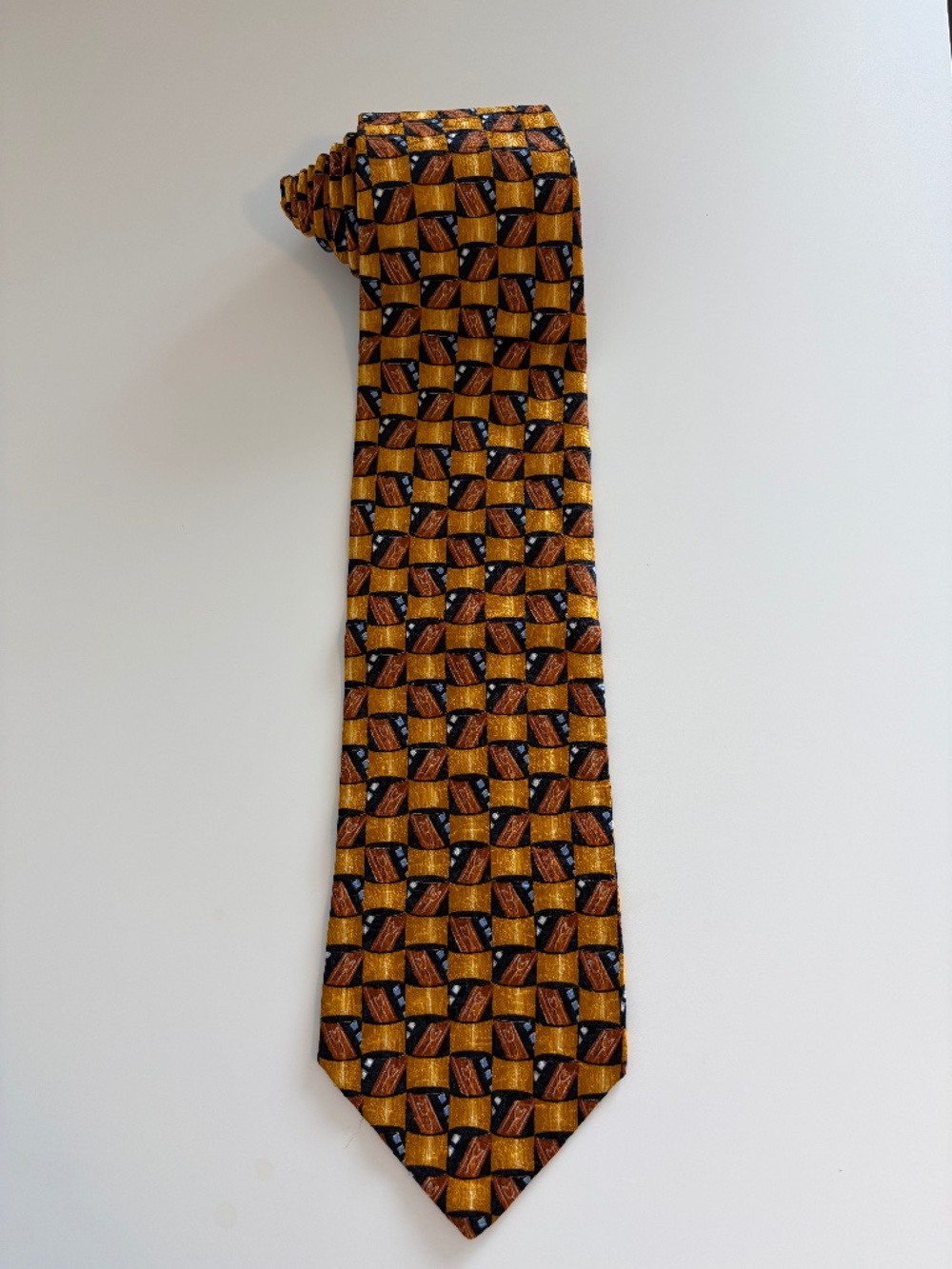 Ermenegildo Zegna Men's 100% Silk Tie 4" Gold Black Geometric Pattern Italy